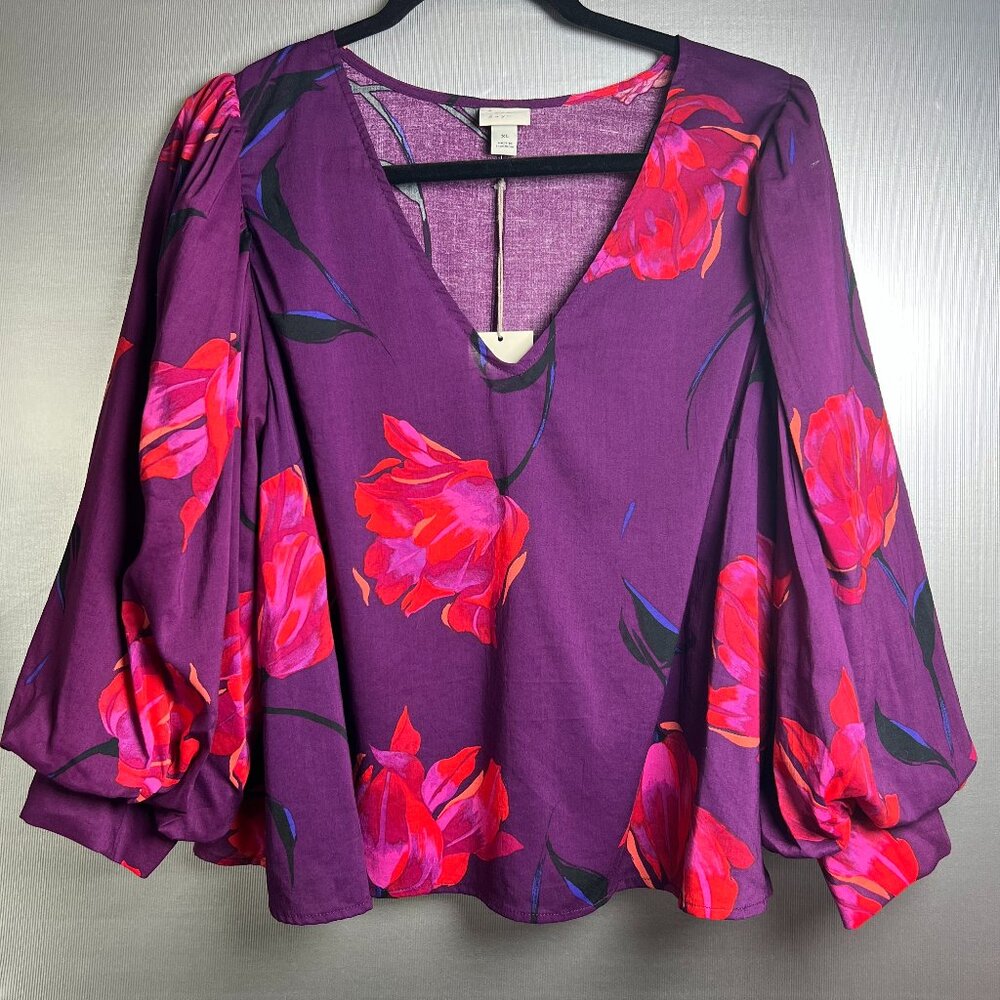 A New Day Women's Purple Floral  V-neck Top with Bishop Sleeves Size XL New